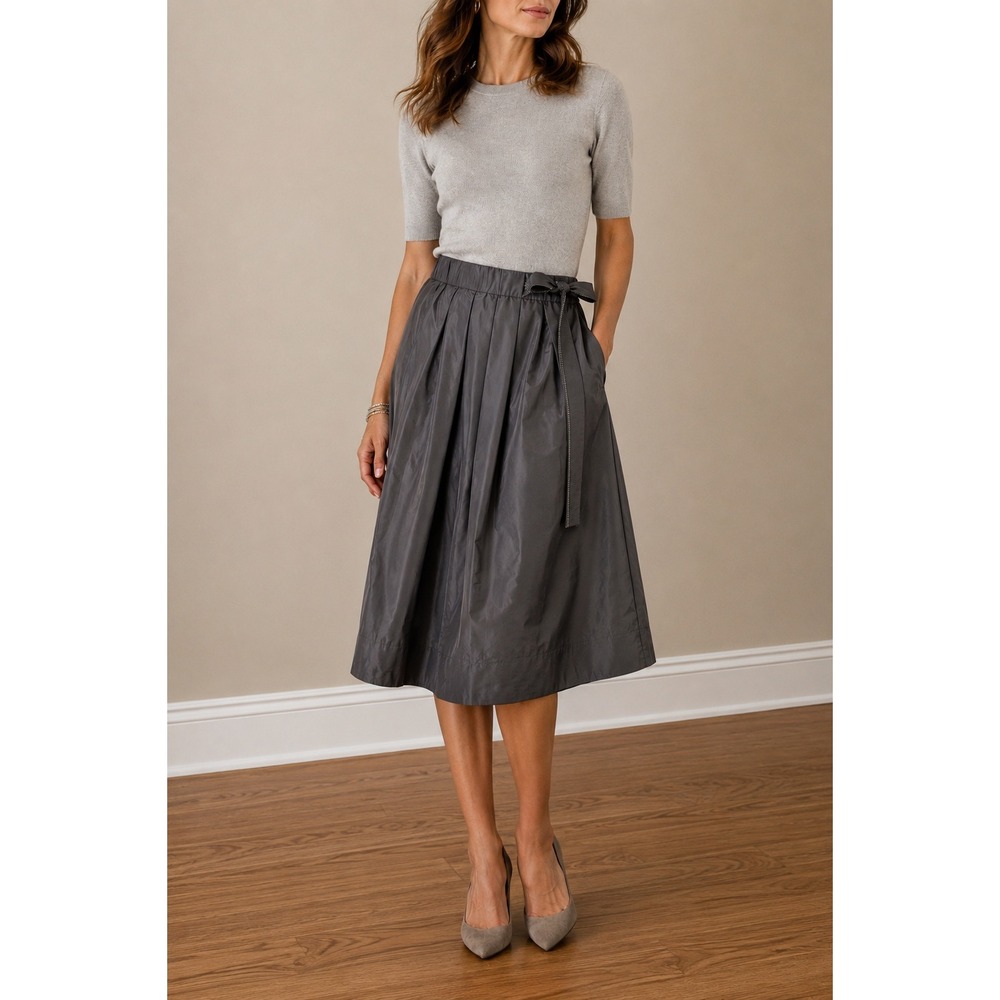Brunello Cucinelli Monili Taffeta Midi Skirt Silk Blend Pleated Beaded Bow Gray